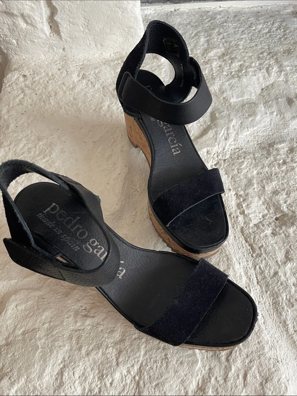 Pedro Garcia Franses Black Suede and Cork Wedge Sandal with Ankle Strap